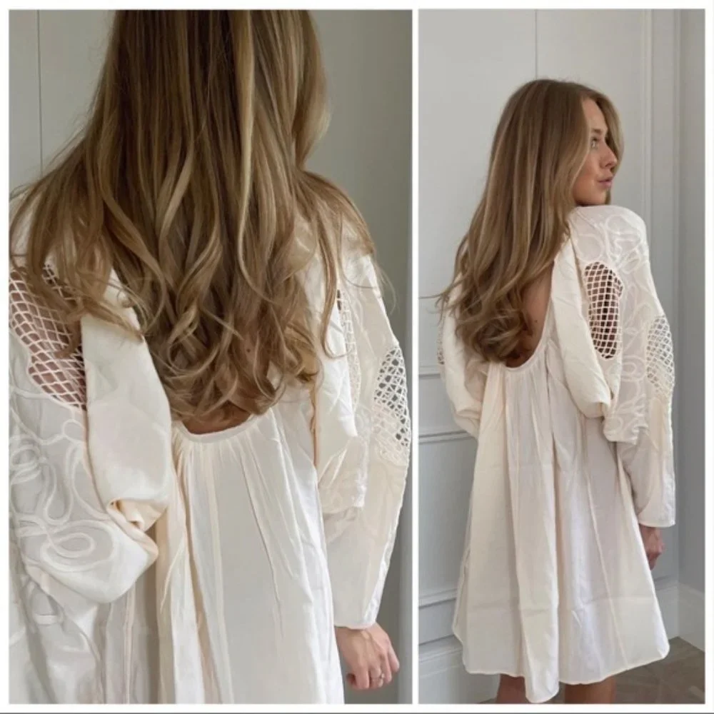 NWT H&M Low Back Voluminous Embroidery Sleeves Mini Dress - Picture 7 of 14